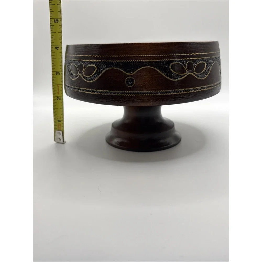 Hand Carved Wooden Pedistal Bowl With Metal Inlay